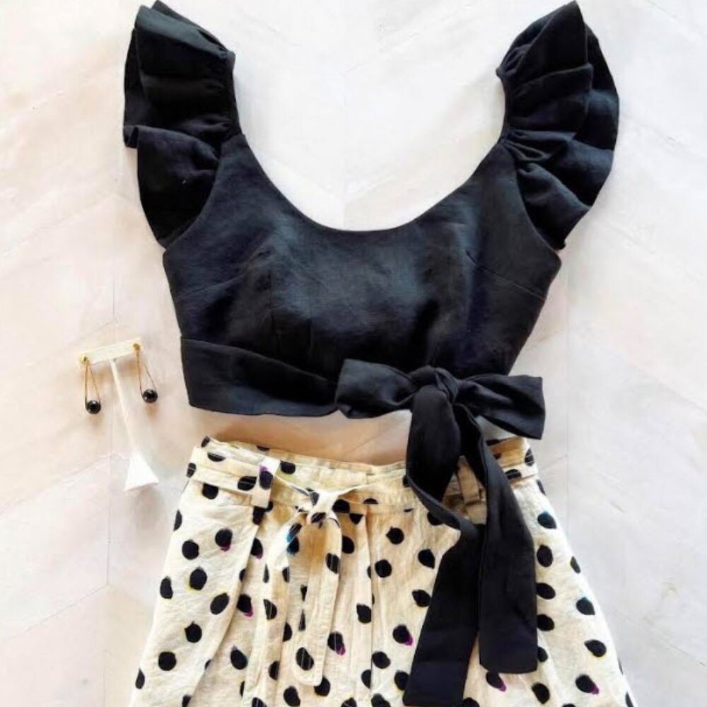 Karina Grimaldi Linen Wrap Crop Ruffle Top